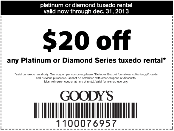 Goodys: $20 off Tuxedo Rental Printable Coupon