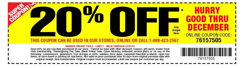 Harbor Freight: 20% off Printable Coupon