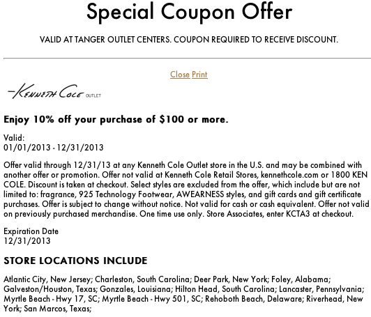 Kenneth Cole Outlet: 10% off $100 Printable Coupon