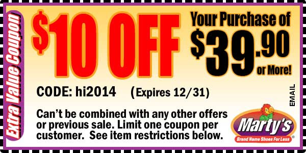 Marty's Shoes: $10 off $39.90 Printable Coupon