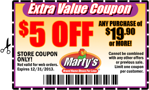 Marty's Shoes: $5 off $19.90 Printable Coupon