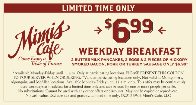 Mimis Cafe: $6.99 Breakfast Printable Coupon