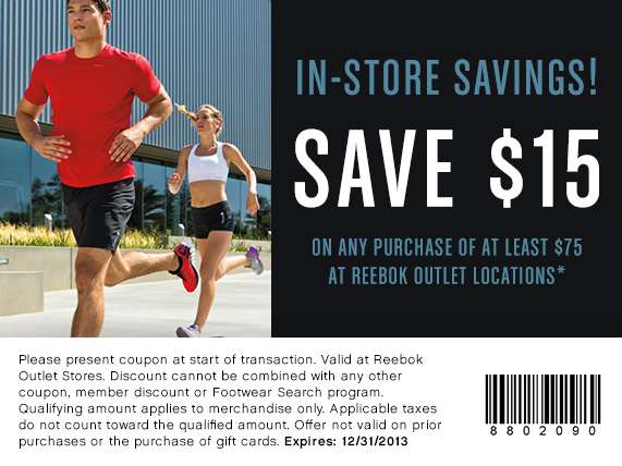 Reebok Outlets: $15 off $75 Printable Coupon