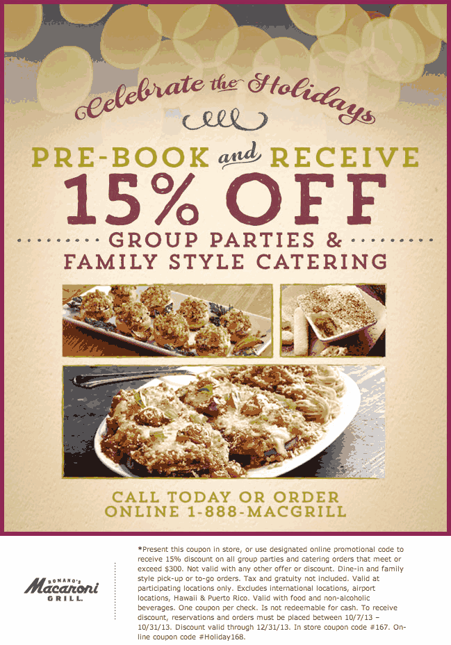 Romanos Macaroni Grill: 15% off Catering Printable Coupon