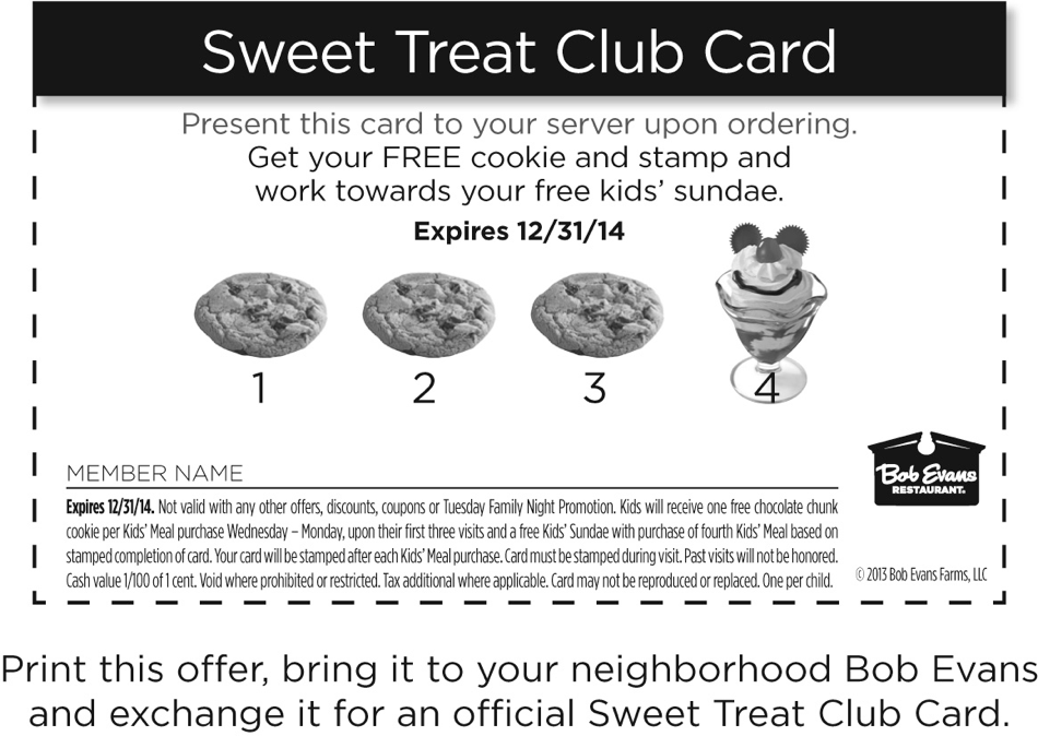 Bob Evans: Sweet Treat Club Card Printable Coupon