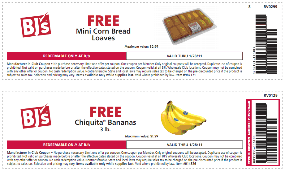 BJs: Free Mini Corn Bread & Bananas Printable Coupon