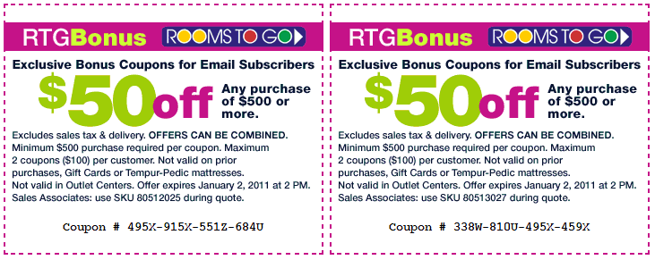 Rooms To Go: $50 off Printable Coupon