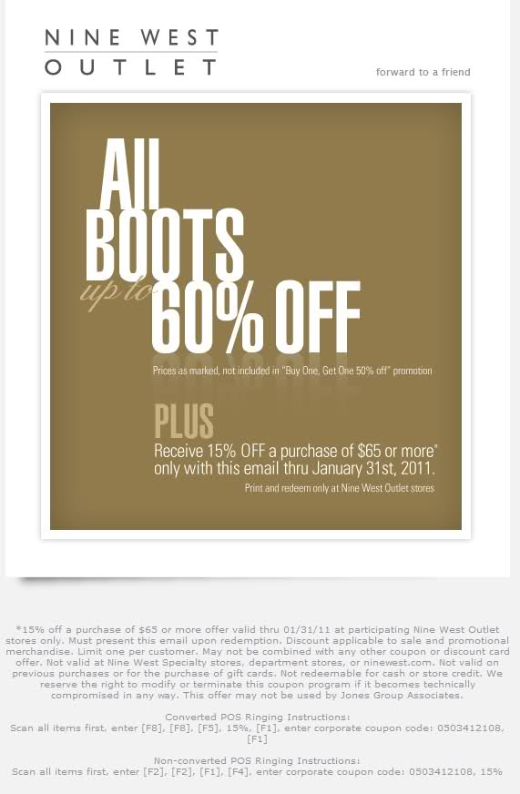 Nine West Outlet: 15% off $65 Printable Coupon