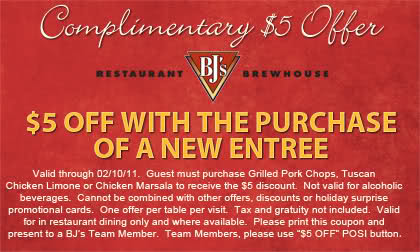 BJ's Brewhouse: $5 off Printable Coupon