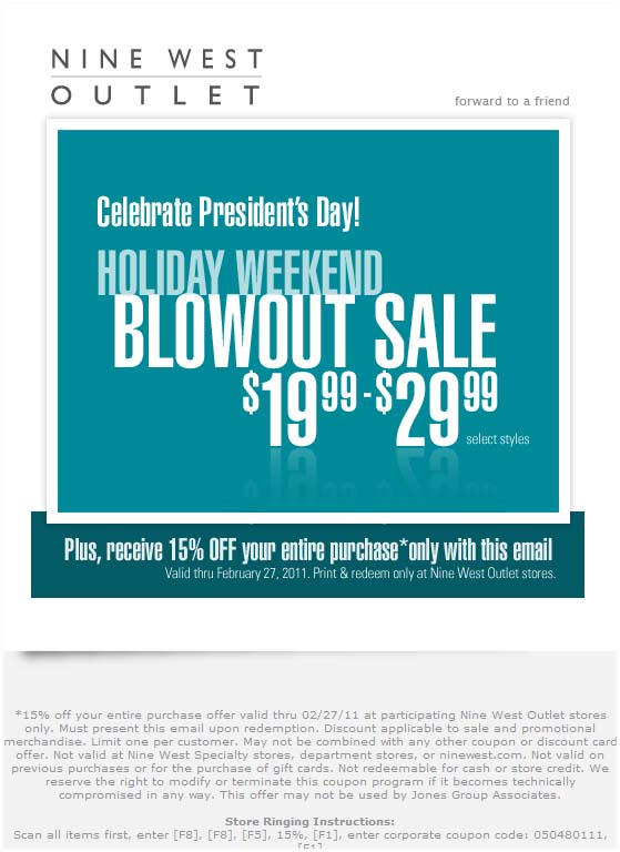 Nine West Outlet: 15% off Printable Coupon