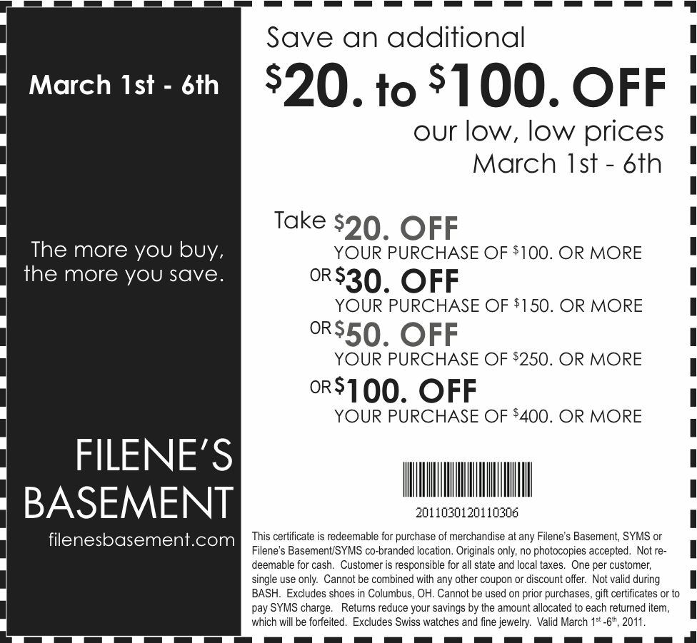 Filenes Basement: $20-$100 off Printable Coupon
