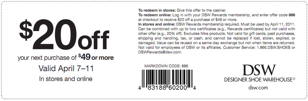 DSW: $20 off Printable Coupon