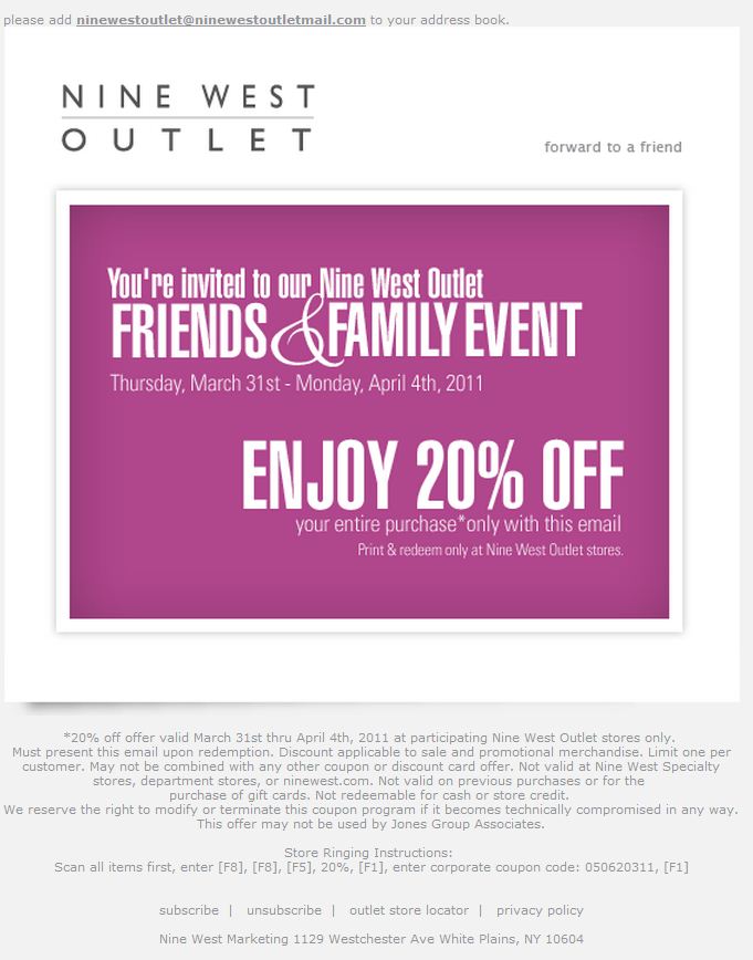 Nine West Outlet: 20% off Printable Coupon
