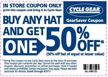Cycle Gear: BOGO 50% off Hat Printable Coupon