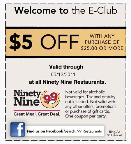 99 Restaurants: $5 off $25 Printable Coupon