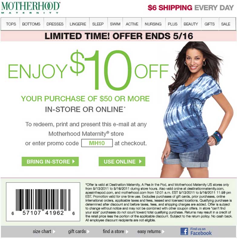 Motherhood Maternity: $10 off $50 Printable Coupon