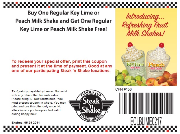 Steak 'n Shake: BOGO Free Shake Printable Coupon