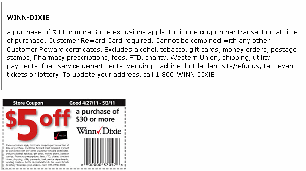 Winn-Dixie: $5 off $30 Printable Coupon