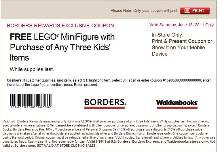 Borders: Free LEGO MiniFigure Printable Coupon