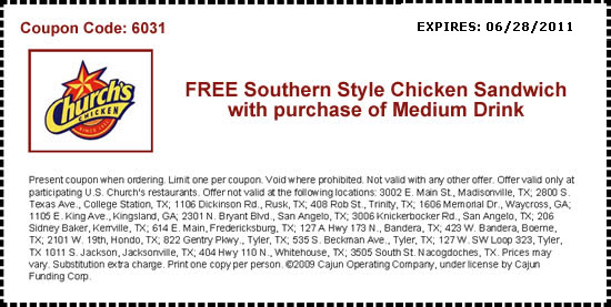 Church's Chicken: Free Chicken Sandwich Printable Coupon