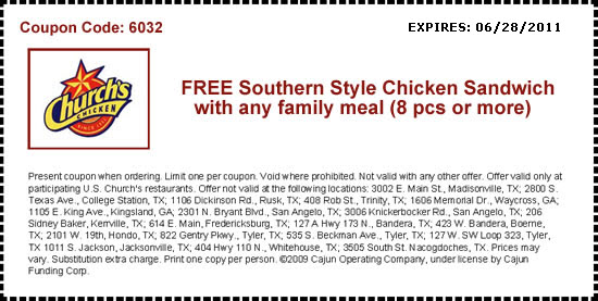 Church's Chicken: Free Chicken Sandwich Printable Savings
