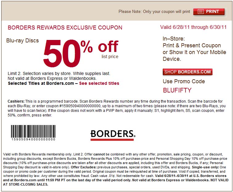 Borders: 50% off Blu-Ray Printable Coupon