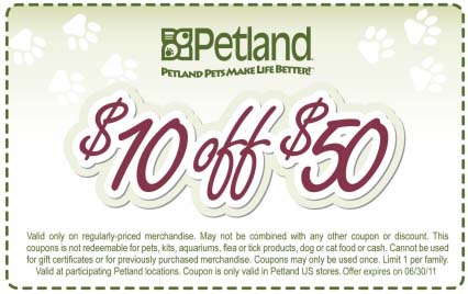 Petland: $10 off $50 Printable Coupon