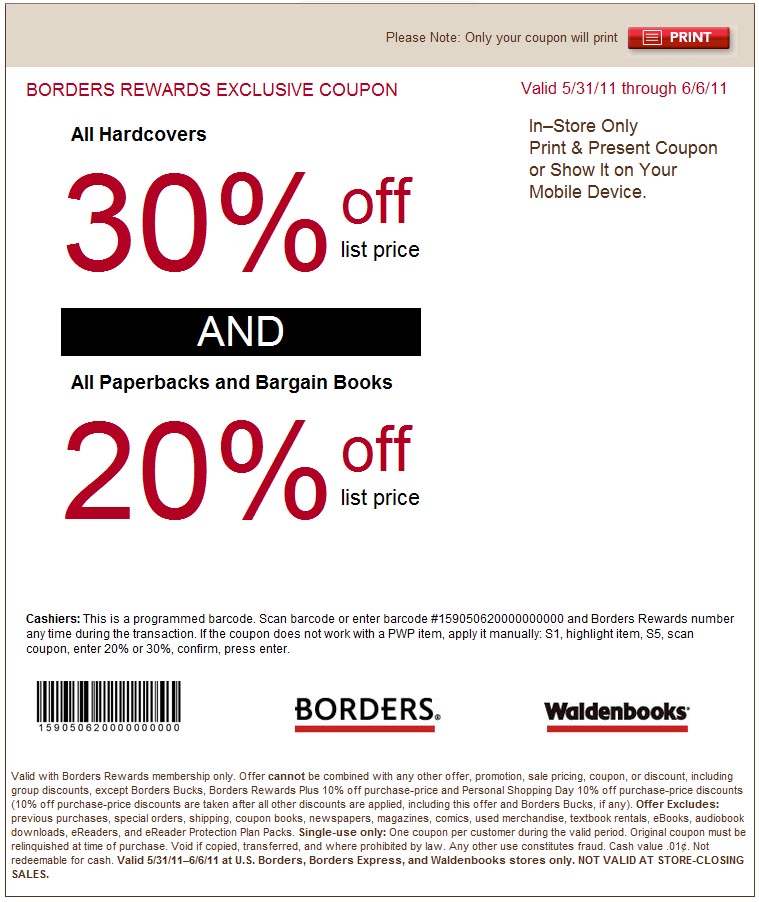 Borders: 20%-30% off Books Printable Coupon