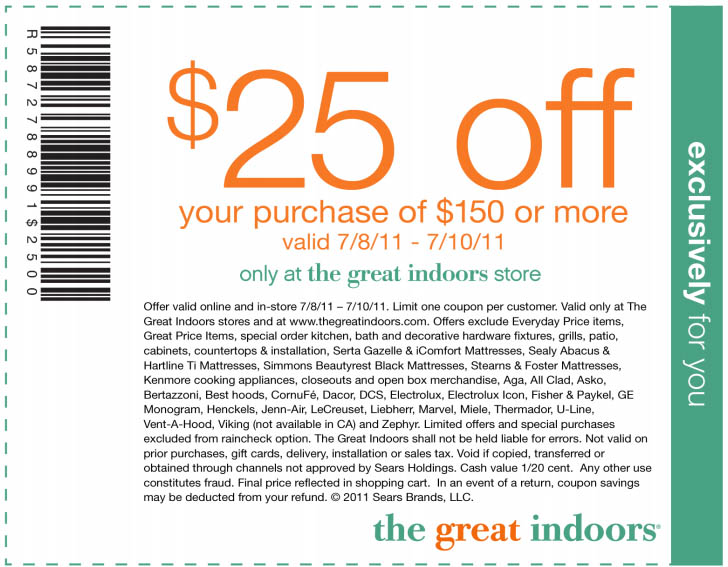 The Great Indoors: $25 off $150 Printable Coupon