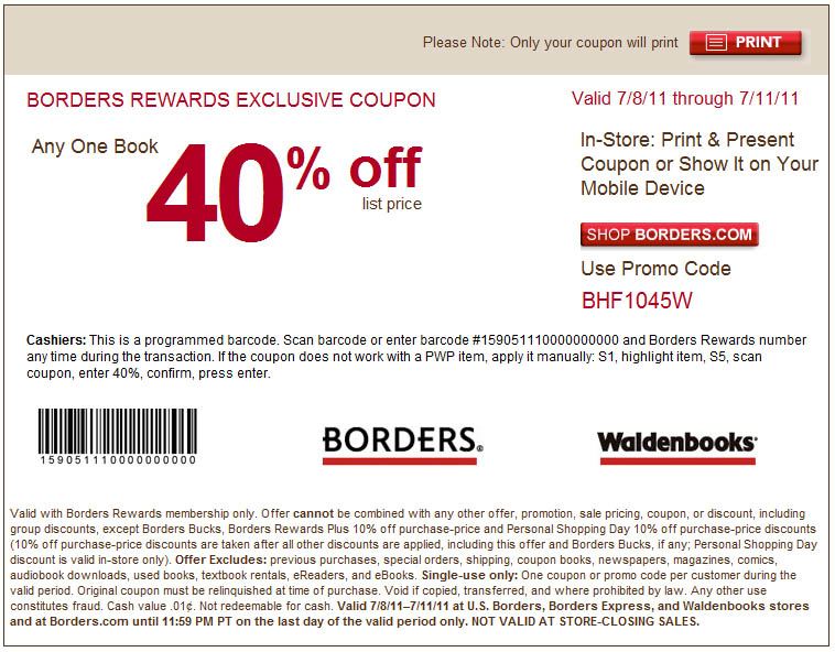 Borders: 40% off Printable Coupon