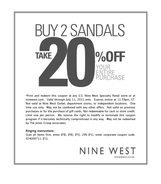 Nine West: $20 off Printable Coupon