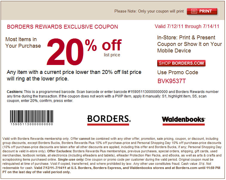 Borders: 20% off Printable Coupon