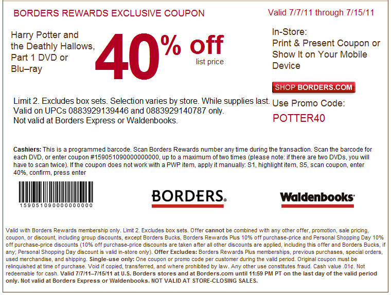 Borders: 40% off Harry Potter Movie Printable Coupon