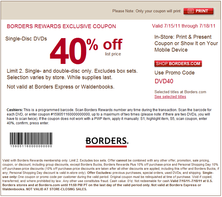 Borders: 40% off DVDs Printable Coupon