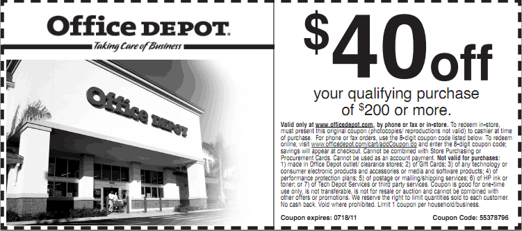 Office Depot: $40 off $200 Printable Coupon