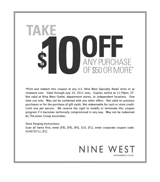 Nine West Outlet: $10 off $50 Printable Coupon