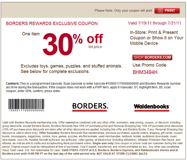 Borders: 30% off Printable Coupon