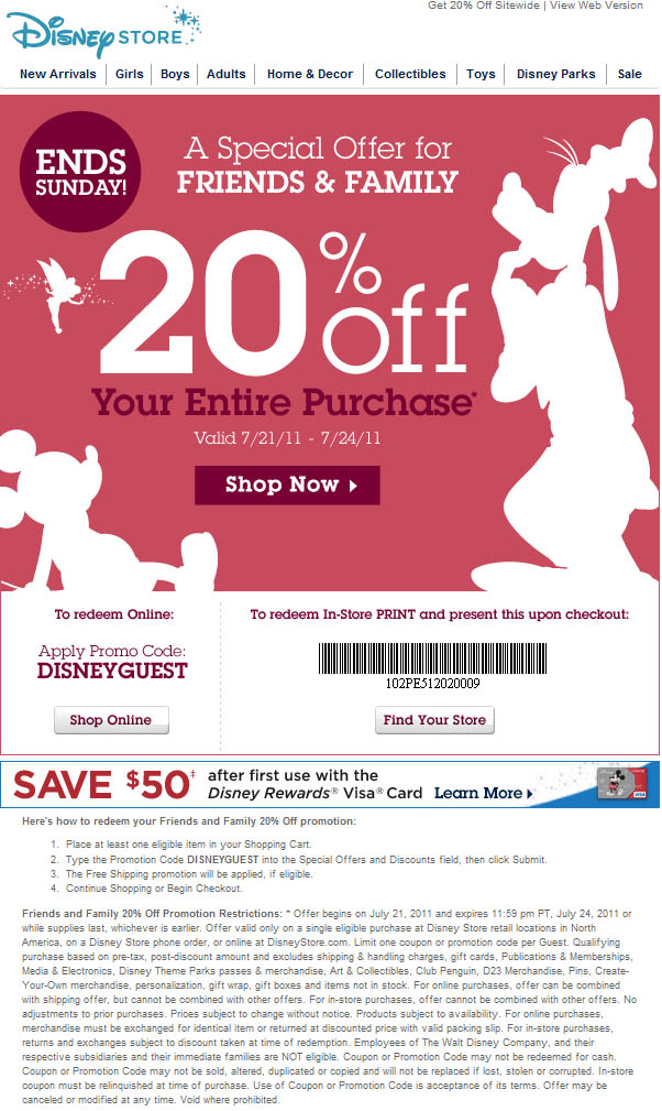 Disney Store: 20% off Printable Coupon