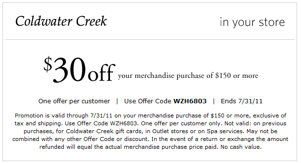 Coldwater Creek: $30 off $150 Printable Discount