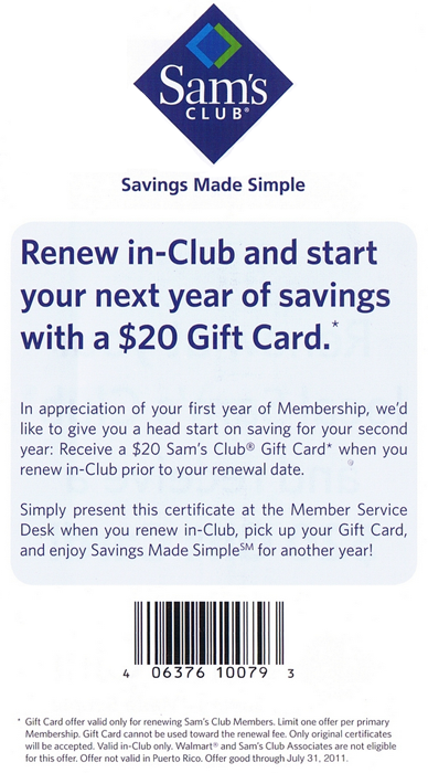 Sams Club: Free $20 Gift Card Printable Coupon