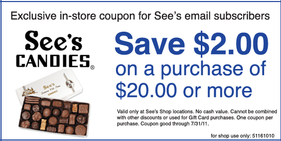 See's Candies: $2 off $20 Printable Coupon