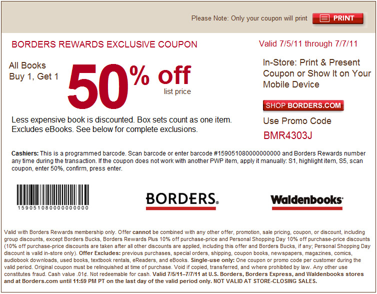 Borders: BOGO 50% off Printable Coupon