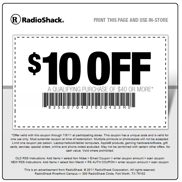 Radio Shack: $10 off $40 Printable Coupon