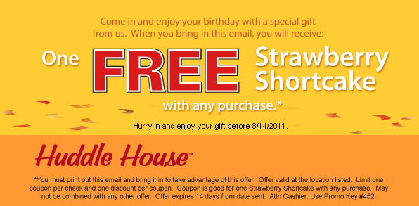 Huddle House: Free Shortcake Printable Coupon