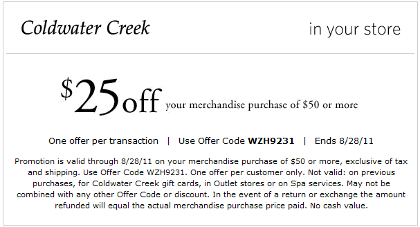Coldwater Creek: $25 off $50 Printable Coupon