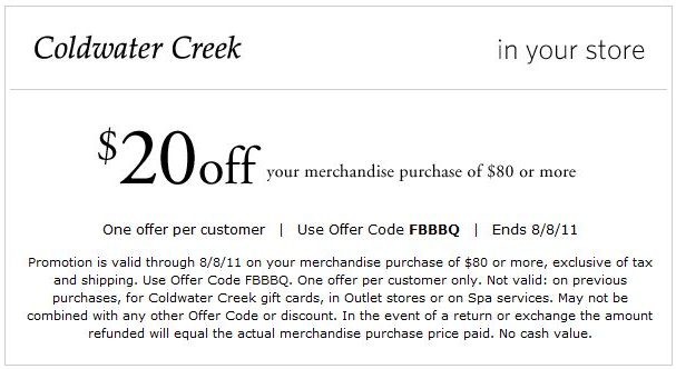 Coldwater Creek: $20 off $80 Printable Coupon