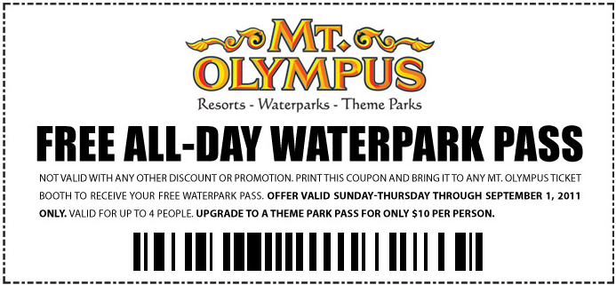 Mt. Olympus: Free Waterpark Pass Printable Coupon