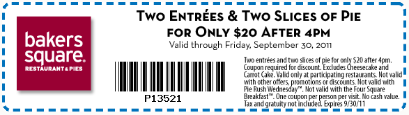Bakers Square: $20 Entrees Printable Coupon