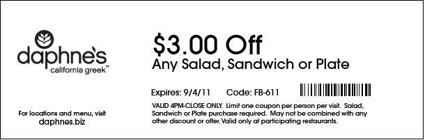 Daphne's Greek Cafe Promo Coupon Codes and Printable Coupons