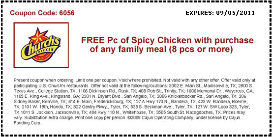 Church's Chicken: Free Spicy Chicken Printable Coupon